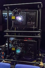 The two stacked Christie Mirage 4KLH projectors used for the screening.