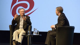 Ang Lee, left, with Julian Pinn at the IBC Big Screen Experience keynote.