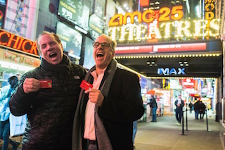Mitch Lowe and Ted Farnsworth of MoviePass celebrate passing the one million subscriber mark. Photo by Drew Osumi.