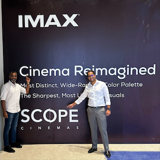 Scope Cinemas chairman Naveed Cader, left, with Preetham Daniel, Imax vice president, theatre development for India, Southeast Asia, Korea, Australia, and New Zealand.