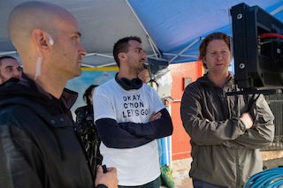 Left to right: assistant director Tom Fatone, director Paul Downs Colaizzo, and cinematographer Séamus Tierney on set of Brittany Runs A Marathon.