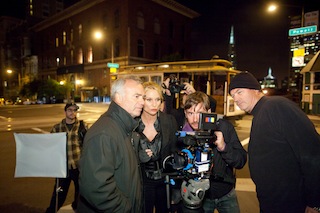 Checking a shot from the short movie Xxit are, left to right: director Sam Nicholson, actress Nicollette Sheridan, AC Richard Card, and DP Dana Christiaansen.