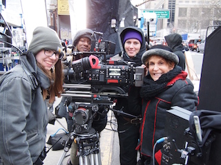 Nancy Schreiber, right, and her crew on location in Manhattan.