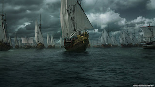 A huge fleet of ships approaches Meereen in the Battle of the Bastards.