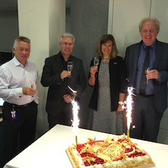 Hans Hoffman, Egon Verharen, Barbara Lange, and Simon Fell toast the SMPTE Centennial at the EBU Tech Assembly.