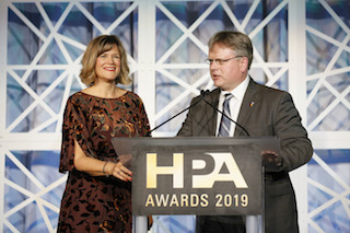 Barbara Lange, left, and Joachim Zell presenting awards at last year’s event. Lange is executive director of SMPTE and the HPA. Zell is chair of the HPA Engineering Excellence Award Committee and an HPA Board member.