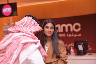 Actress Basima Hajjar at  the film’s Saudi Arabian socially distanced premiere at AMC cinema in Riyadh.
