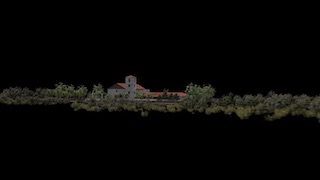 The 3D model of the Spanish mission as seen from a moving car before being integrated into the footage. 