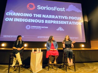 Pictured, left to right, Jennifer Loren, director of Cherokee Nation Film Office and Original Content; Sierra Teller Ornelas, Rutherford Falls showrunner and Kaniehtiio Horn, actor speak with audience members during Changing the Narrative: Focus on Indigenous Representation in Television at SeriesFest on May 7 in Denver, Colorado.