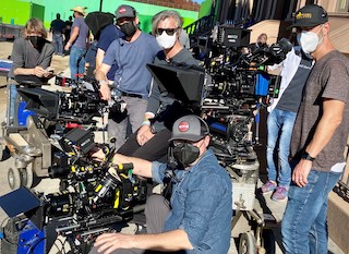 Pictured, left to right: Keith Bunting (A camera dolly grip), Oliver Cary (A camera operator), Vanja Černjul (cinematographer), Pyare Fortunato (B camera/Stedicam operator), Michael Burke (B camera first assistant camera). Photo by A camera second assistant camera Sarah May Guenther.