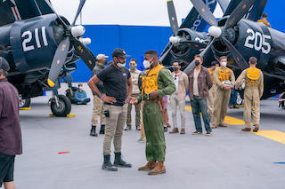 For scenes set atop the USS Leyte, production designer Wynn Thomas oversaw the construction of the full-size carrier deck at a private airstrip. “So,” Messerschmidt notes, “all the aircraft carrier flight-deck sequences were shot in the middle of a field in Georgia, surrounded with a bluescreen.”