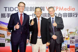 Left to right, Ronald Tomson, CEO, TIDC, Chiu fu-sung chairman, Taiwan Land Development Corporation, and Giovanni Contri, vice president of operations, WCPMedia Services.